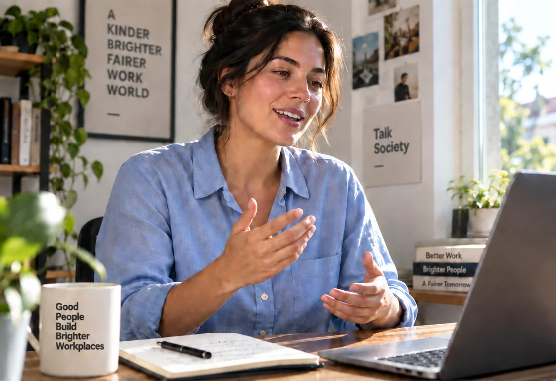 A woman in a blue shirt at a bright desk, mid-conversation on a call, a notebook and laptop in front of her.